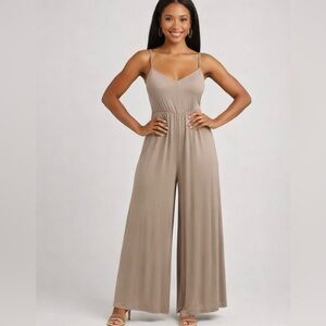 NWT: Mod Goddess MG Solid Flare Fit Spaghetti Strap Jumpsuit (BEIGE) - Medium